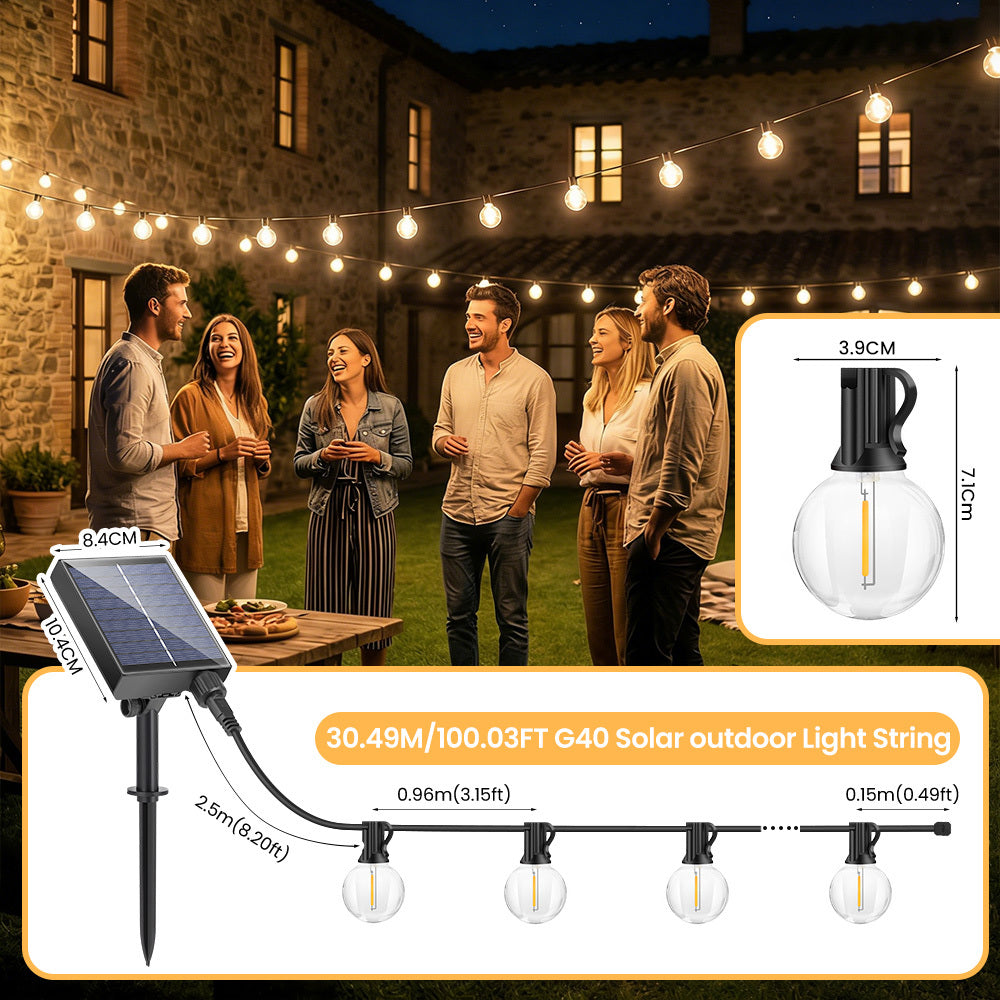 Guirlande Lumineuse Solaire d'Extérieur, 15,25M/20,13M/30,49M, Lumières LED pour Terrasse, Minuterie à Intensité Variable, 8 Modes d'Éclairage Réglables, Lumière Blanc Chaud Réglable, pour Jardin, Cour, Tonnelle, Porche, Fête, Mariage