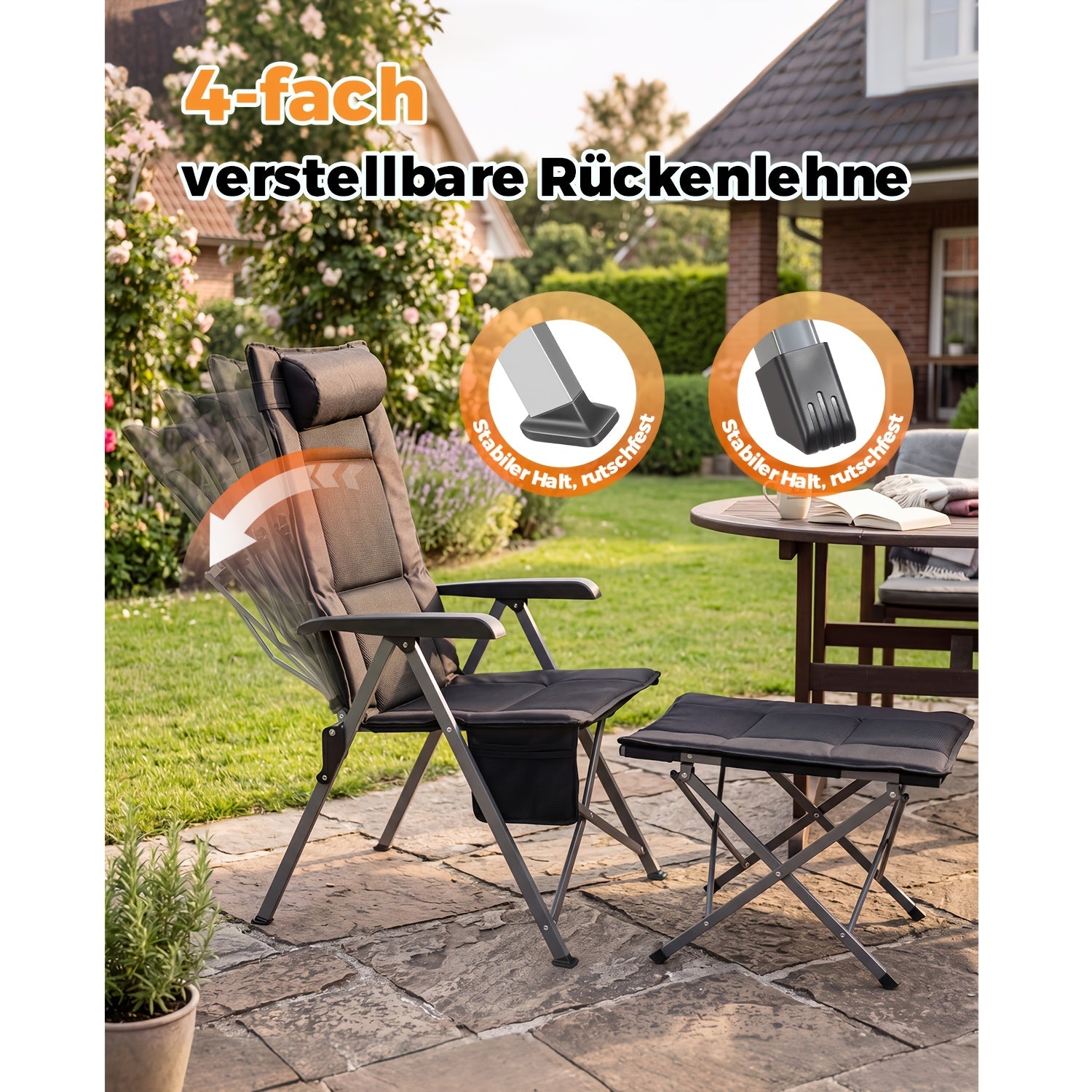 1pc Chaise de camping pliable et portable, chaise de pêche d'extérieur légère, dos en maille 3D pour la ventilation, repose-pieds amovible, dos haut de 72 cm, 4 dossiers réglables, poches latérales en maille pour les tasses, tissu Oxford, comprend un sac