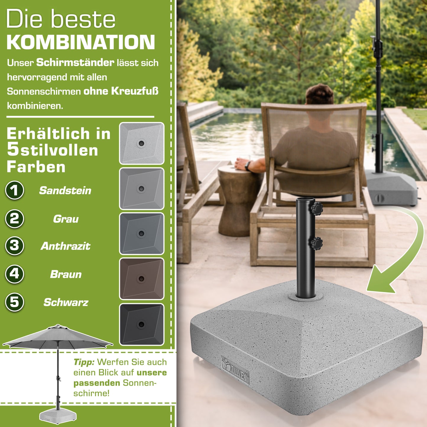 Tillvex® Support de Parasol GRAVIA avec Roues et Freins | Support de Parasol Remplissable 37 Litres / 56 kg | Adapté aux Parasols de Soleil et de Marché Ø 1,8-3,7 m | Roulable, Résistant aux Intempéries et aux UV pour Balcon, Terrasse, Jardin, Petits et G