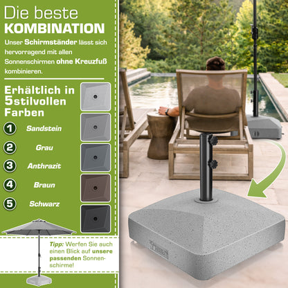 Tillvex® Support de Parasol GRAVIA avec Roues et Freins | Support de Parasol Remplissable 37 Litres / 56 kg | Adapté aux Parasols de Soleil et de Marché Ø 1,8-3,7 m | Roulable, Résistant aux Intempéries et aux UV pour Balcon, Terrasse, Jardin, Petits et G