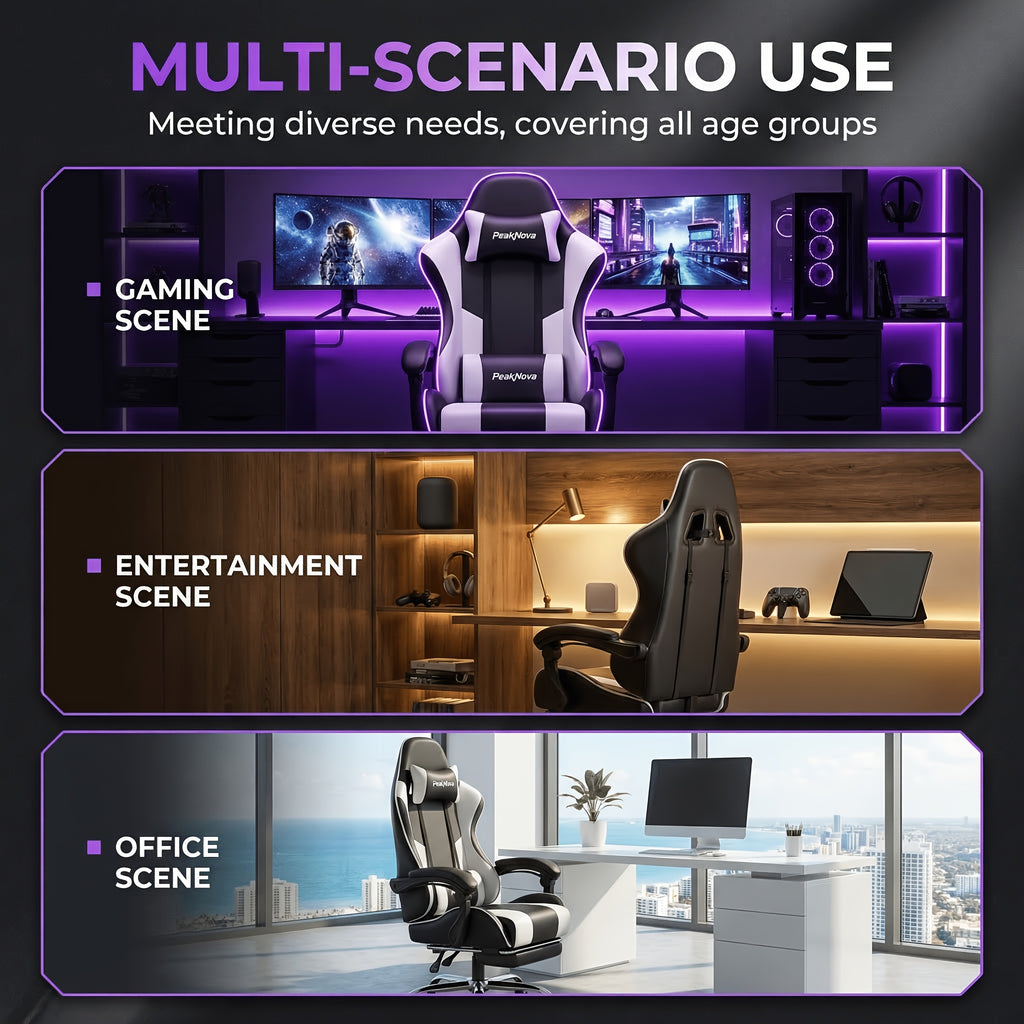 Chaise de gaming ergonomique à haute capacité de charge, design élégant à blocs de couleurs, dossier réglable à 135°, cadre stable, parfaite pour le travail et les jeux