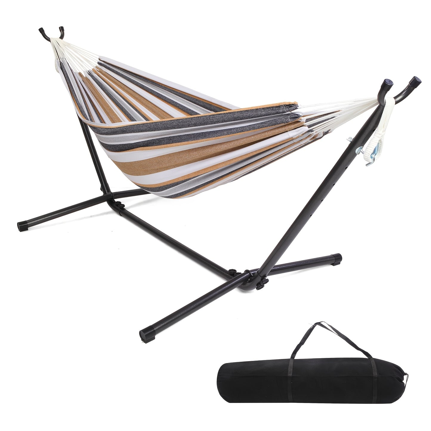 Bonnlo Cadre de Hamac avec Support Métallique, 2 * 1.5M Hamac d'Extérieur en Coton-Polyester, Kit de Support Pliable, Plafond de Charge de 150Kg pour Jardin, Patio, Balcon