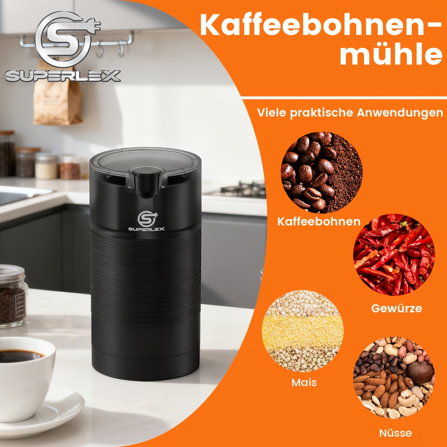 SUPERLEX Moulin à Café Puissant 150W, Conception Compacte Gain de Place, Mouture Uniforme Libère un Arôme de Café Riche, Verrouillage de Sécurité et Pièces Amovibles, Entretien Facile pour Coin Café Domestique