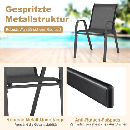 Ensemble de 4 chaises de jardin empilables, chaises de patio en textilène et cadre métallique avec accoudoirs, chaises de balcon avec capacité de charge de 150 kg, 56 x 70 x 84 cm (Noir)