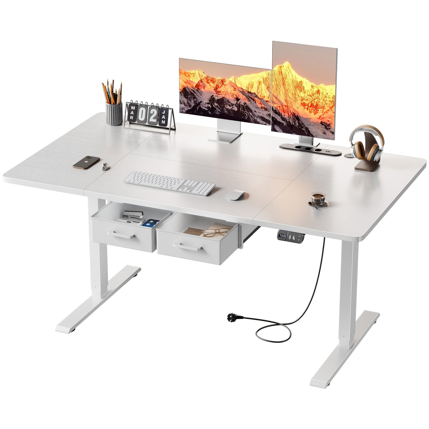 Furnishia Bureau Vertical Électrique avec Panneau Intelligent à Mémoire et 2 Tiroirs, Bureau à Hauteur Réglable avec Prises de Courant, pour Bureau d'Ordinateur à Domicile, Poste de Travail d'Écriture et Chambre à Coucher