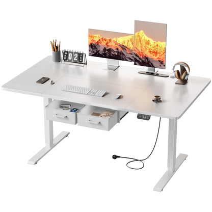 Furnishia Bureau Vertical Électrique avec Panneau Intelligent à Mémoire et 2 Tiroirs, Bureau à Hauteur Réglable avec Prises de Courant, pour Bureau d'Ordinateur à Domicile, Poste de Travail d'Écriture et Chambre à Coucher