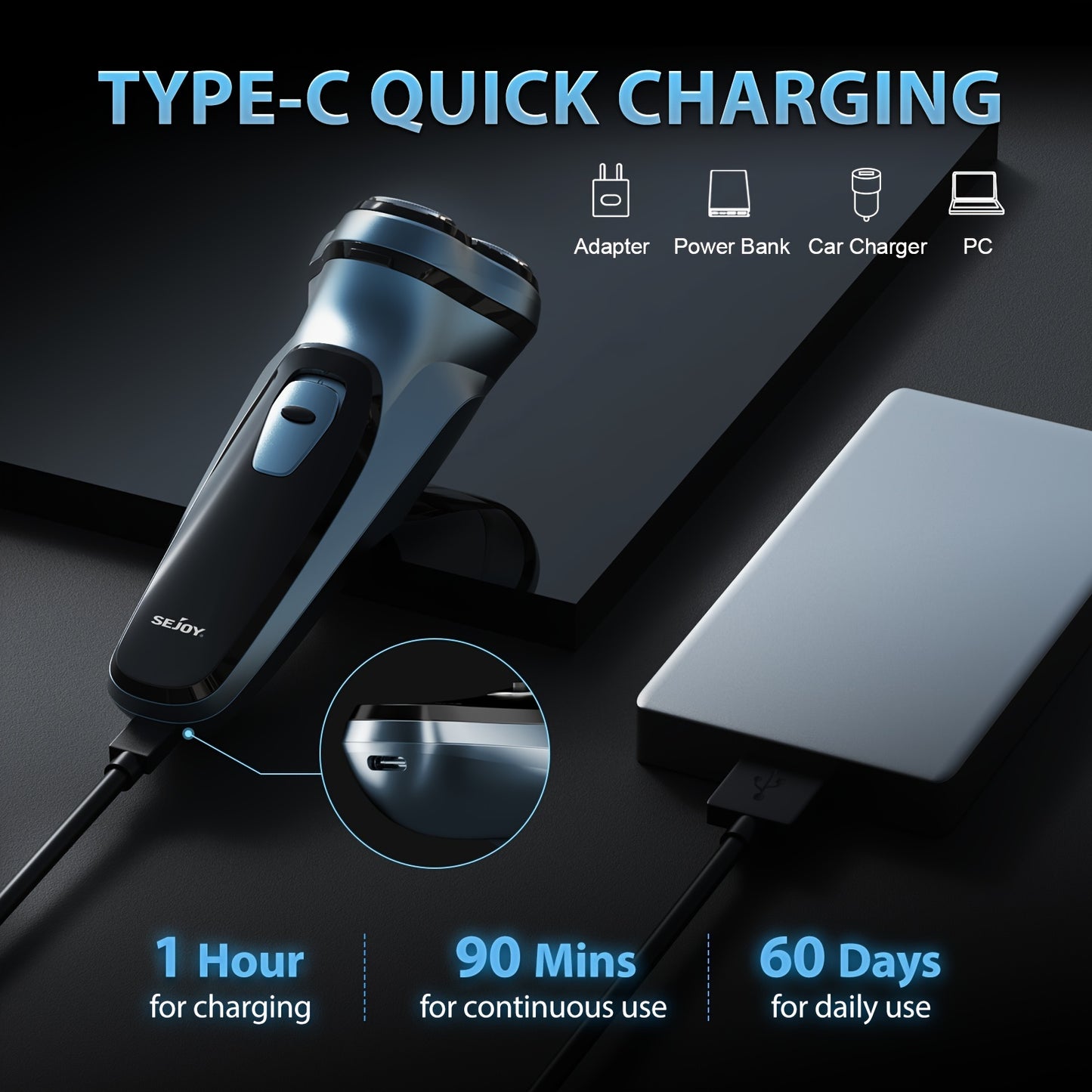 Rasoir électrique sans fil pour hommes : Rasoir rotatif humide/sec - Charge rapide USB & Soin de la peau sensible - Tondeuse pop-up & Lames de précision, Charge rapide, Meilleur cadeau