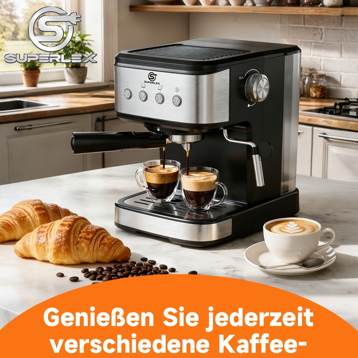 SUPERLEX Machine à expresso 15 bar Porte-filtre, mousseur à lait, réservoir 1,5L, protection contre la surchauffe