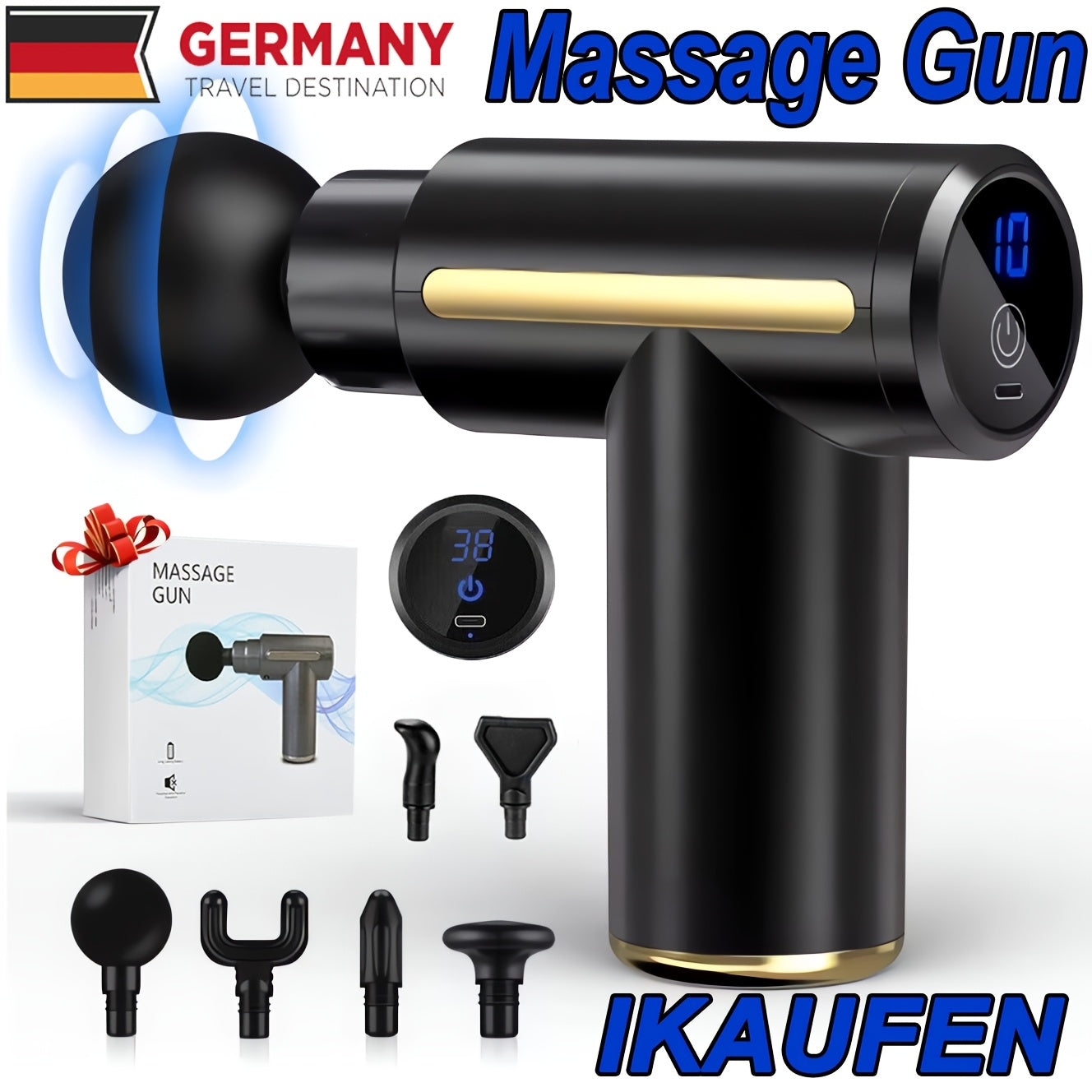 Pistolet de massage 6/38/99 vitesses Tissu profond, Masseur musculaire électrique portatif, Dispositif de massage par percussion pour, Masseur sportif électrique portable super silencieux avec 6 têtes de remplacement