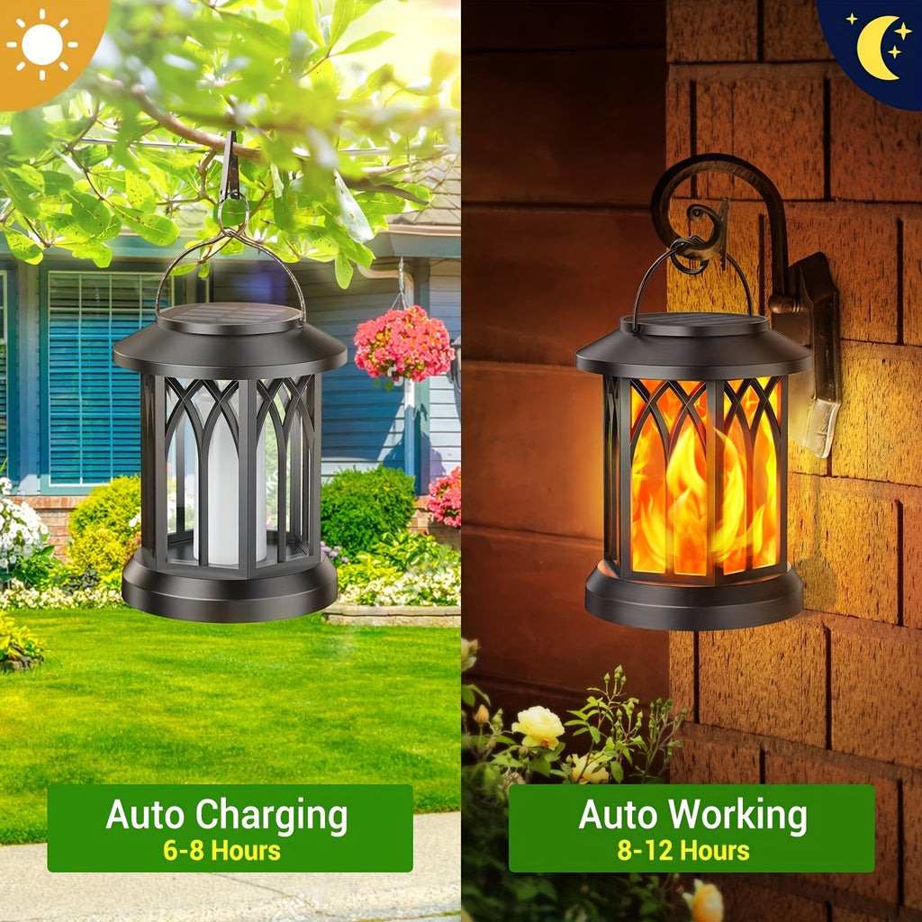 2 Pack Lumières Solaires Extérieures, Lanternes Solaires Suspendues avec Effets de Flamme, Décoration de Jardin IPX5 avec Pinces pour Extérieur, Cour, Balcon, Halloween