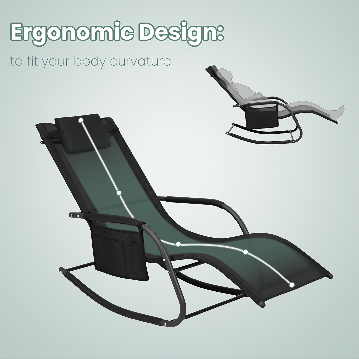 Chaise à bascule de jardin Chaise de jardin Meuble d'extérieur Balançoire simple pour balcon et jardin Fauteuil de repos polyvalent avec rangement en gris et noir, chaise de loisirs amovible avec oreiller tête, capacité de charge élevée jusqu'à 150 kg ada
