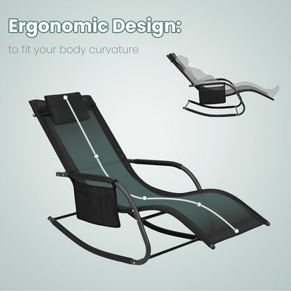 Chaise à bascule de jardin Chaise de jardin Meuble d'extérieur Balançoire simple pour balcon et jardin Fauteuil de repos polyvalent avec rangement en gris et noir, chaise de loisirs amovible avec oreiller tête, capacité de charge élevée jusqu'à 150 kg ada