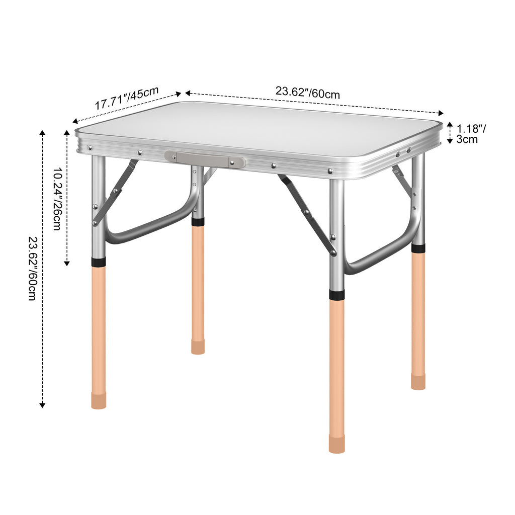 Table pliante 2 pieds robuste à hauteur réglable, table de camping portable avec poignée de transport, pour intérieur extérieur jardin fête BBQ 60x45x26/56 cm en aluminium, bureau BBQ pour cuisine extérieure