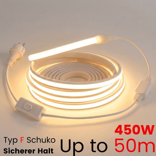 Ruban LED COB 220V 230V, Lampe d'éclairage intérieur flexible, 288 LED par mètre, Ruban adhésif à haute luminosité, Disponible en blanc ou blanc chaud pour la décoration de cuisine et de salle, Comprend une prise et un interrupteur EU