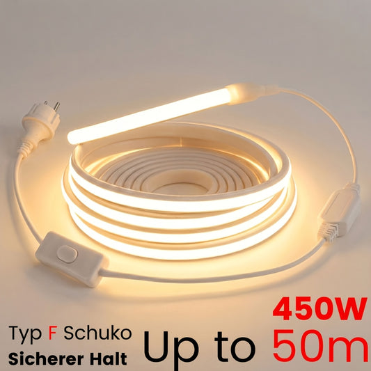 Ruban LED COB 220V 230V, Lampe d'éclairage intérieur flexible, 288 LED par mètre, Ruban adhésif à haute luminosité, Disponible en blanc ou blanc chaud pour la décoration de cuisine et de salle, Comprend une prise et un interrupteur EU