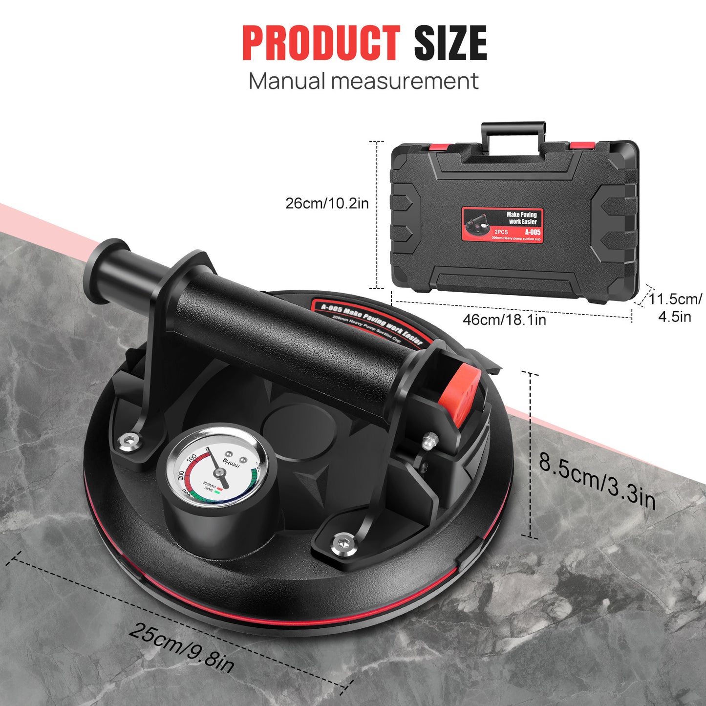 Paire 2x PACK Ventouse à vide avec manomètre, ventouse à vide robuste avec poignée, levier à ventouse pour verre, pour granit, carrelage, verre, levier à ventouse industriel noir puissant pour granit, carrelage, vitre, ventouses, leviers