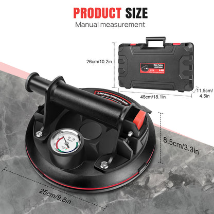 Paire 2x PACK Ventouse à vide avec manomètre, ventouse à vide robuste avec poignée, levier à ventouse pour verre, pour granit, carrelage, verre, levier à ventouse industriel noir puissant pour granit, carrelage, vitre, ventouses, leviers