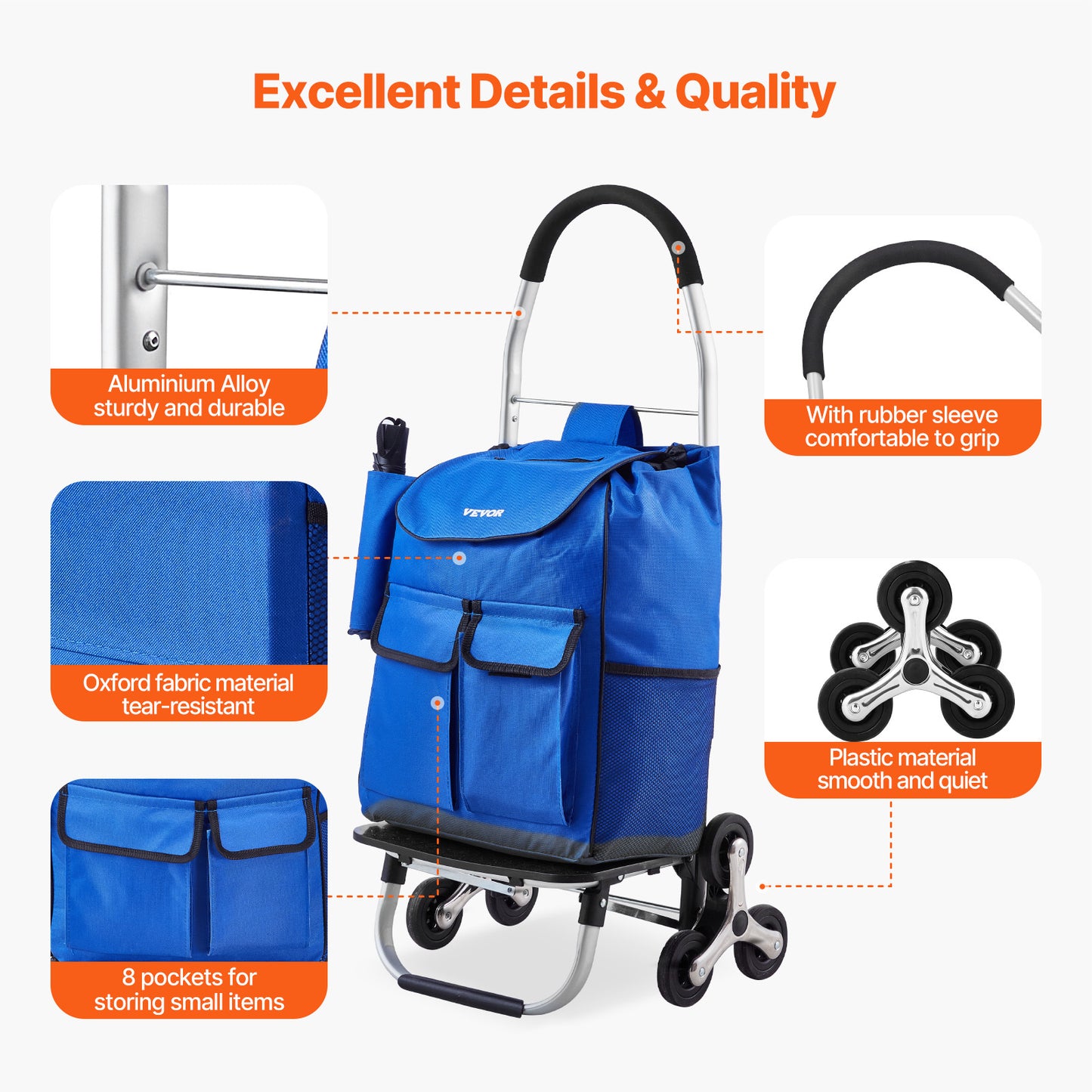 VEVOR Stair Climbing Cart Poussette Pliante 36L avec 6 roues Sac de rangement