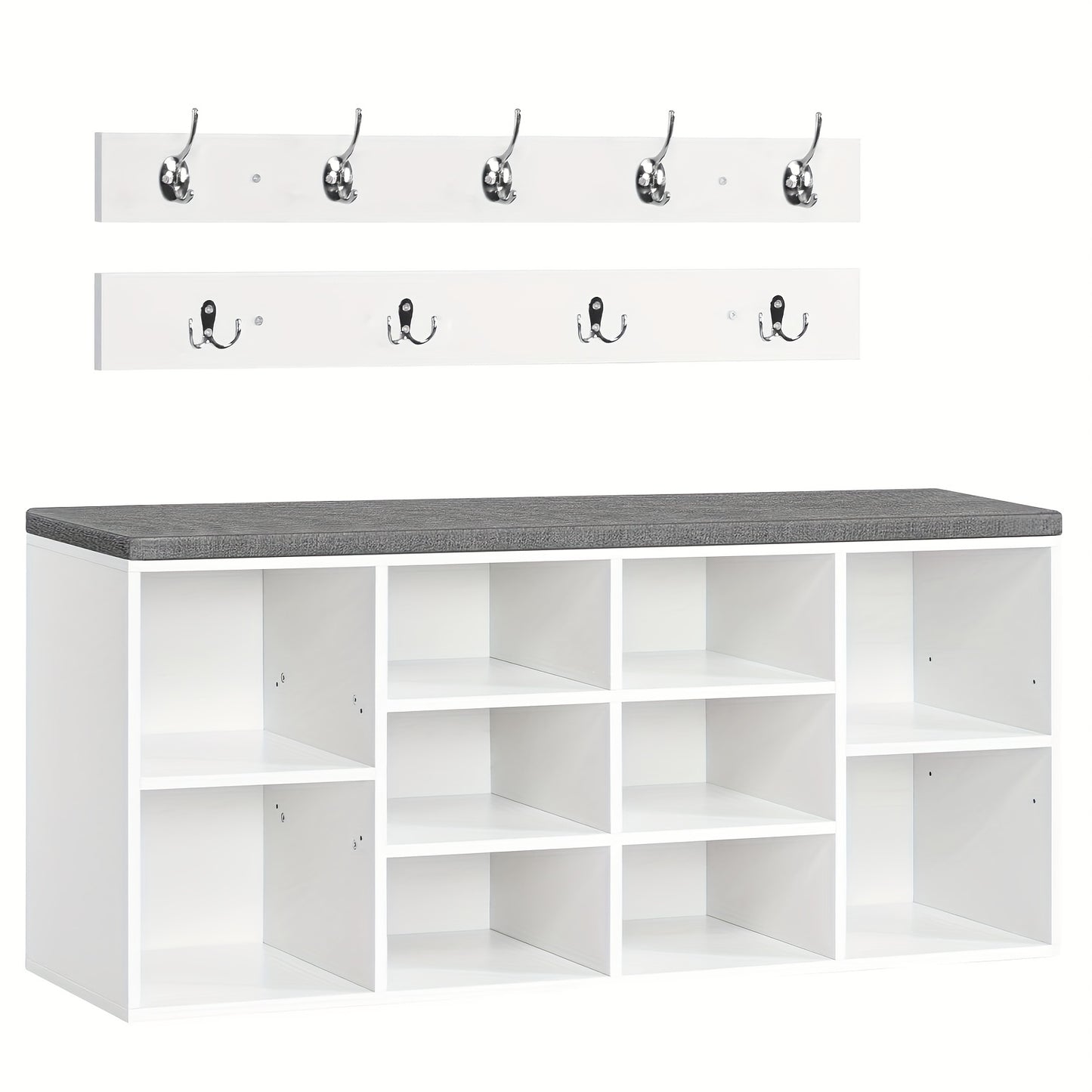 Meuble à chaussures avec banc, 10 compartiments, banquettes rembourrées, armoire murale avec 9 crochets, et meuble à chaussures idéal pour les couloirs, les entrées et les chambres à coucher, couleur blanc