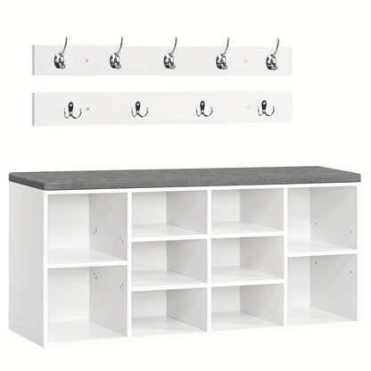 Meuble à chaussures avec banc, 10 compartiments, banquettes rembourrées, armoire murale avec 9 crochets, et meuble à chaussures idéal pour les couloirs, les entrées et les chambres à coucher, couleur blanc