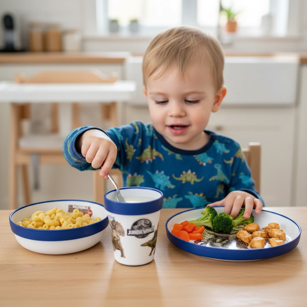 Ensemble de vaisselle réutilisable pour enfants, 2 couleurs - Ensemble de 3 pièces : Assiette, bol et tasse pour enfants et bébés avec base antidérapante - (Pour JURASSIC WORLD)