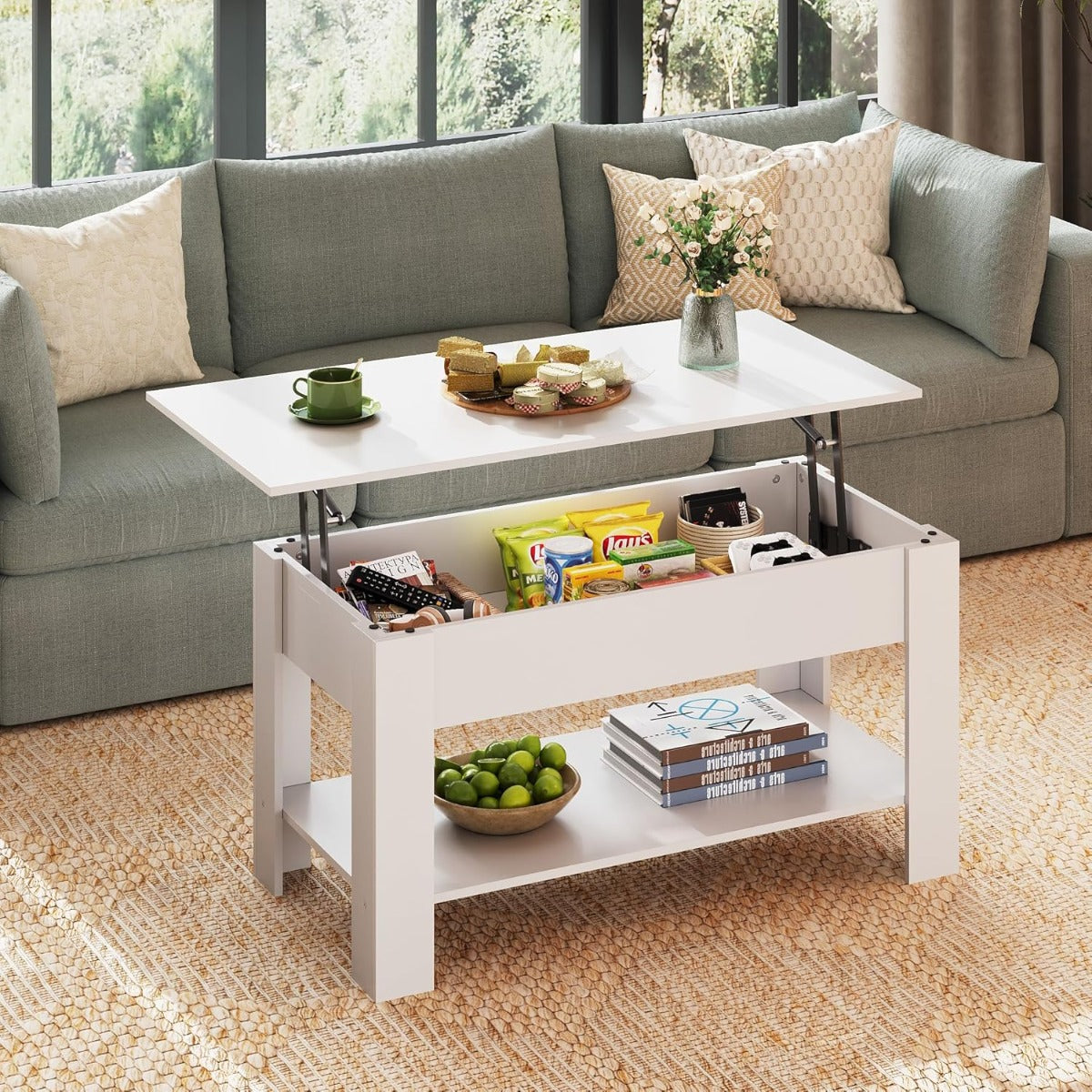 Table Basse Réglable en Hauteur avec Étagère, Table de Salon Rectangulaire avec Espace de Rangement Ouvert et Caché, Table de Salon pour Salon, Chambre à Coucher