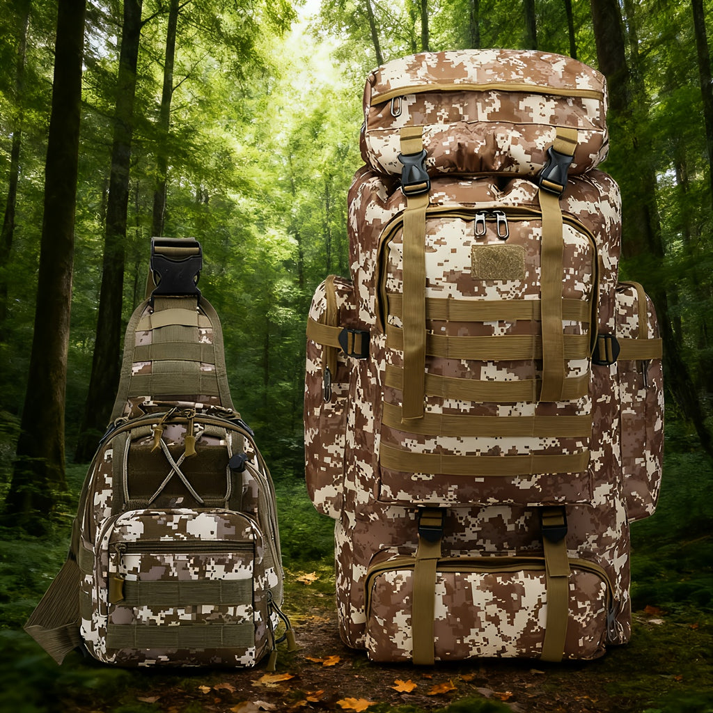 Sac à Dos Tactique 2 Pièces en Tissu Oxford Résistant pour Randonnée, Escalade, Camping, Voyage et Aventures en Plein Air – Grand Sac à Dos Polyvalent avec Multiples Compartiments et Poches, Idéal pour les Activités Extérieures et les Voyages