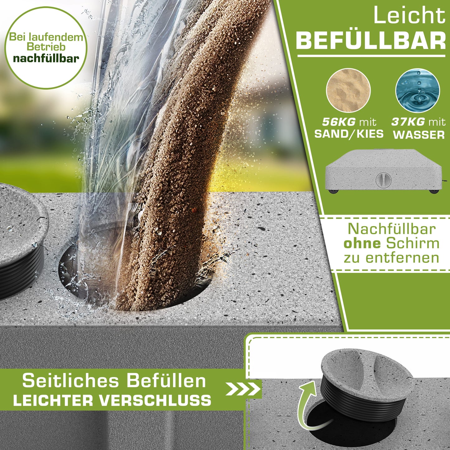 Tillvex® Support de Parasol GRAVIA avec Roues et Freins | Support de Parasol Remplissable 37 Litres / 56 kg | Adapté aux Parasols de Soleil et de Marché Ø 1,8-3,7 m | Roulable, Résistant aux Intempéries et aux UV pour Balcon, Terrasse, Jardin, Petits et G