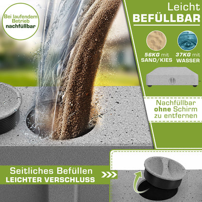 Tillvex® Support de Parasol GRAVIA avec Roues et Freins | Support de Parasol Remplissable 37 Litres / 56 kg | Adapté aux Parasols de Soleil et de Marché Ø 1,8-3,7 m | Roulable, Résistant aux Intempéries et aux UV pour Balcon, Terrasse, Jardin, Petits et G