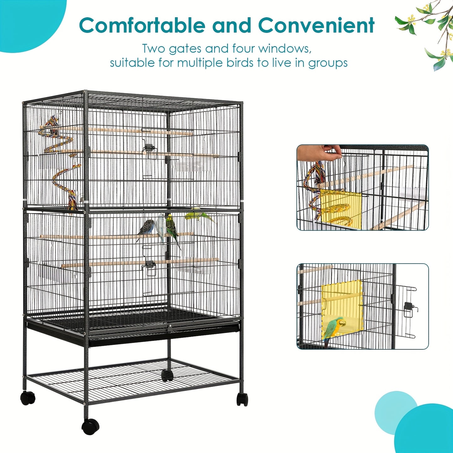 Grande cage à oiseaux, cage à oiseaux en métal, cage à oiseaux avec 4 roues, cage pour perruches avec bol de nourriture, jouet pour cage, balançoire à sauter pour oiseaux avec 2 portes et 4 barres en bois, 132 x 78 x 52 cm