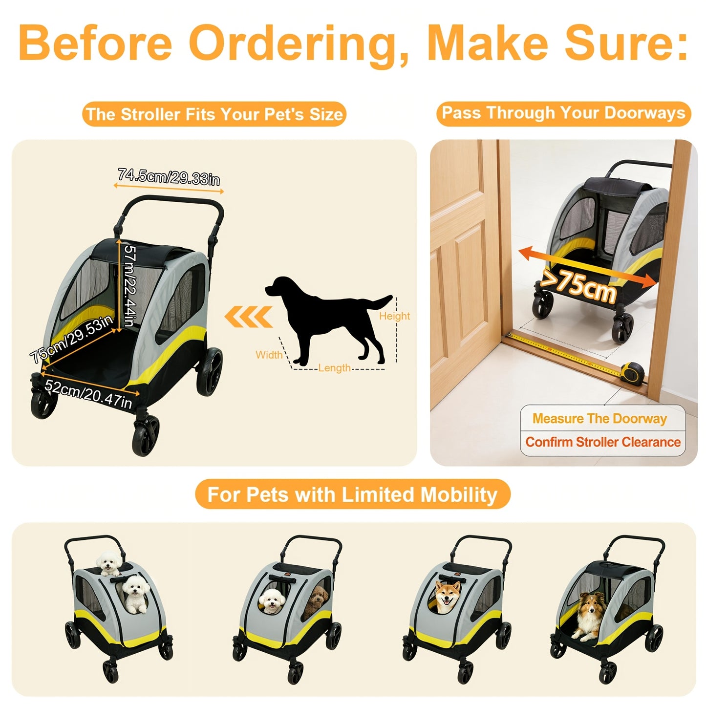 Poussette pour chien pliante XXL à 4 roues, très grande poussette avec séparateur amovible uniquement adaptée pour un grand chien, poussette de voyage pour animal de compagnie, jogging pour chien, poussette de voyage pliable en un clic, poignée réglable,