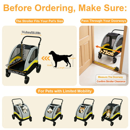 Poussette pour chien pliante XXL à 4 roues, très grande poussette avec séparateur amovible uniquement adaptée pour un grand chien, poussette de voyage pour animal de compagnie, jogging pour chien, poussette de voyage pliable en un clic, poignée réglable,