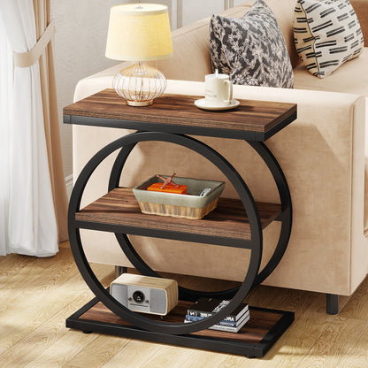 Table d'Appoint Étroite Industrielle Moderne à 3 Niveaux pour Canapé - Conception Gain de Place avec 3 Étagères de Rangement, Finition Chêne et Noir, Cadre Robuste en MDF E1 et Métal, Montage Facile pour Salon, Chambre ou Entrée
