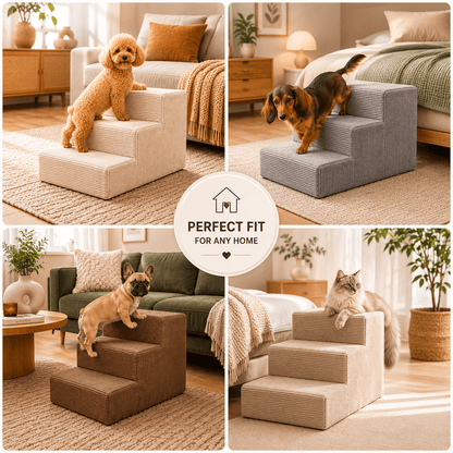 Escalier pour chiens et chats – 3 marches, velours côtelé doux, dessous antidérapant, housse amovible, rampe, plateforme