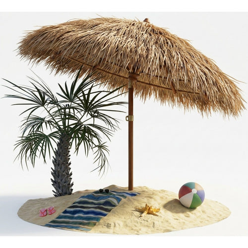 Parasol de plage Hawaï Ø160Cm Hauteur Réglable Protection UV 30+ Grand Rond Balcon Plage Parasol en Paille Parasol de Plage Parasol Hawaïen Marron