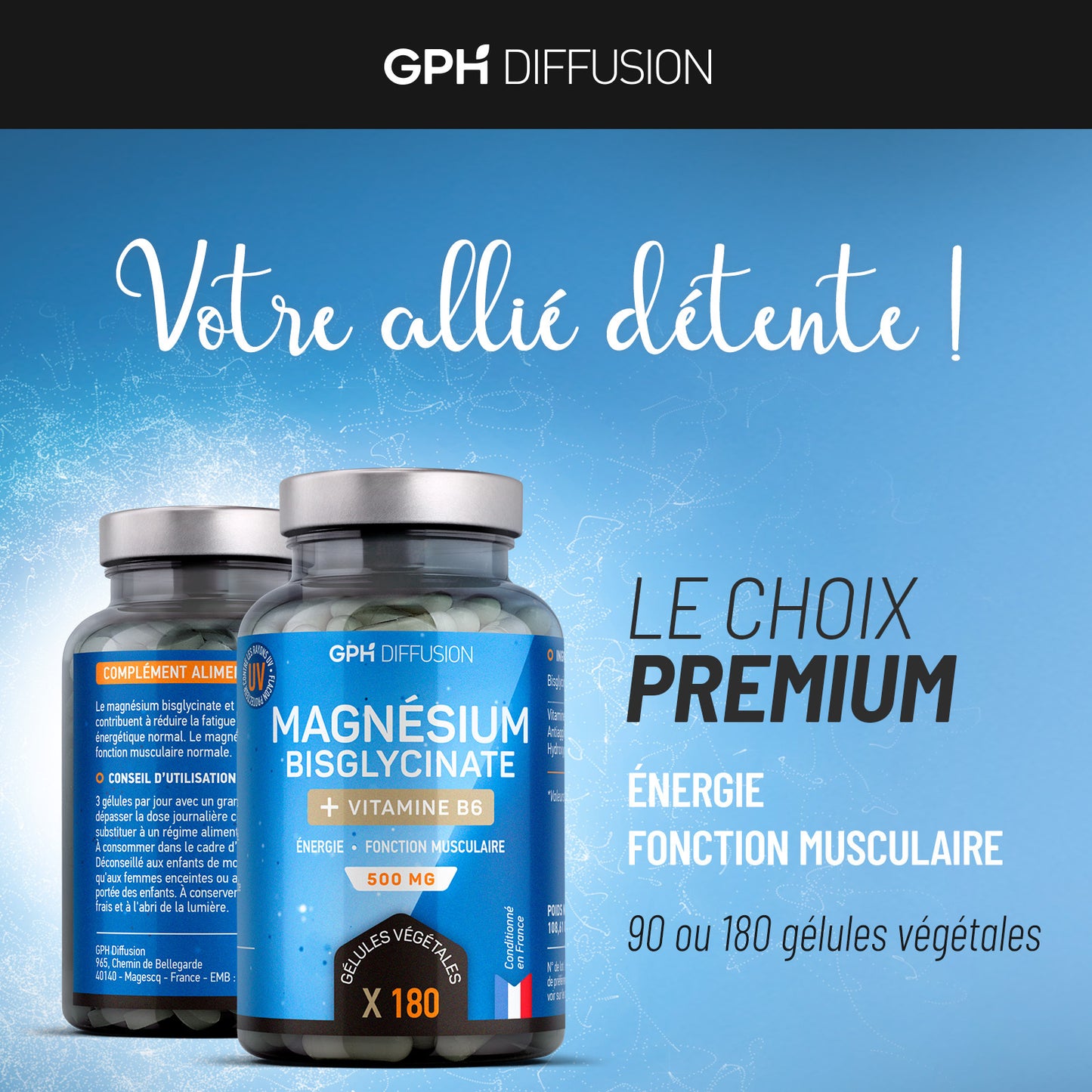 Magnésium Bisglycinate + Vitamine B6 - Energie, Fonction Musculaire, Fatigue - 180 gélules - Absorption maximale