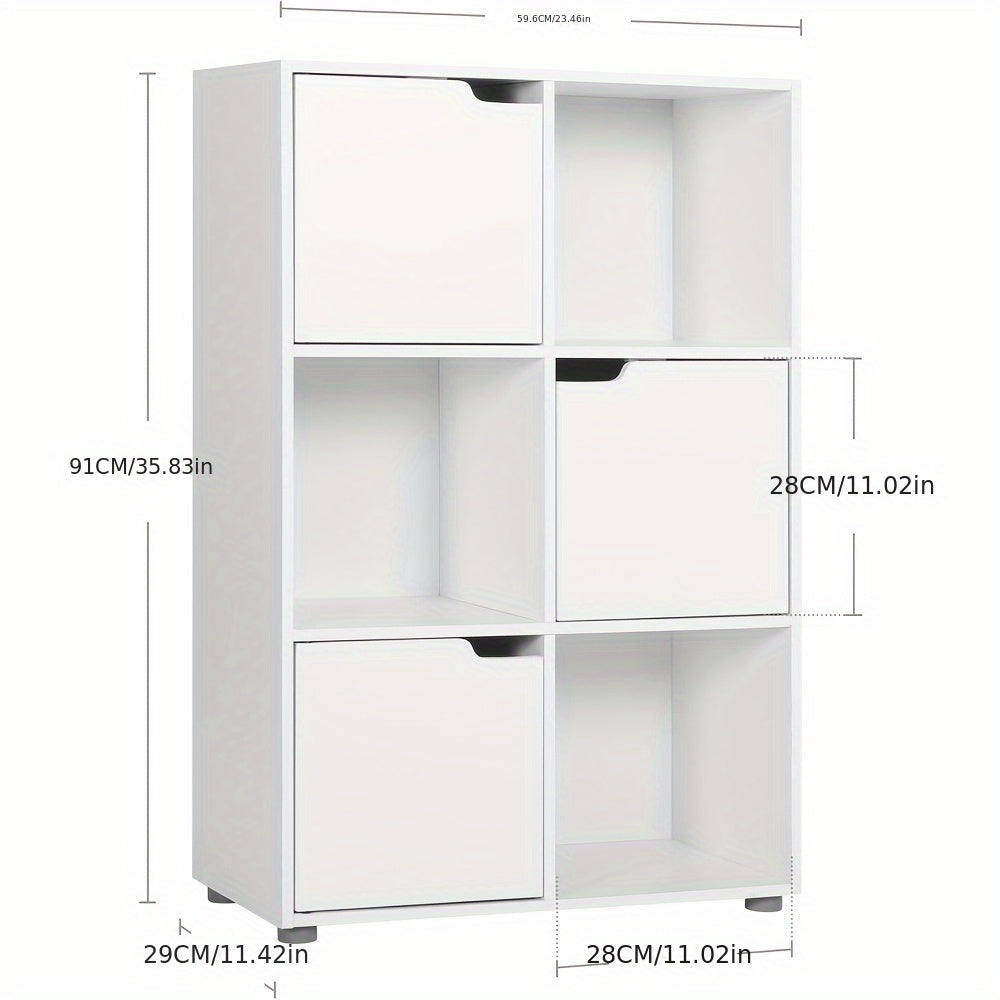 1 étagère, étagère verticale, rangement pour bureau à domicile, armoire de classement, 3 portes, 6 compartiments, étagère de bureau, 59.6X91X29Cm