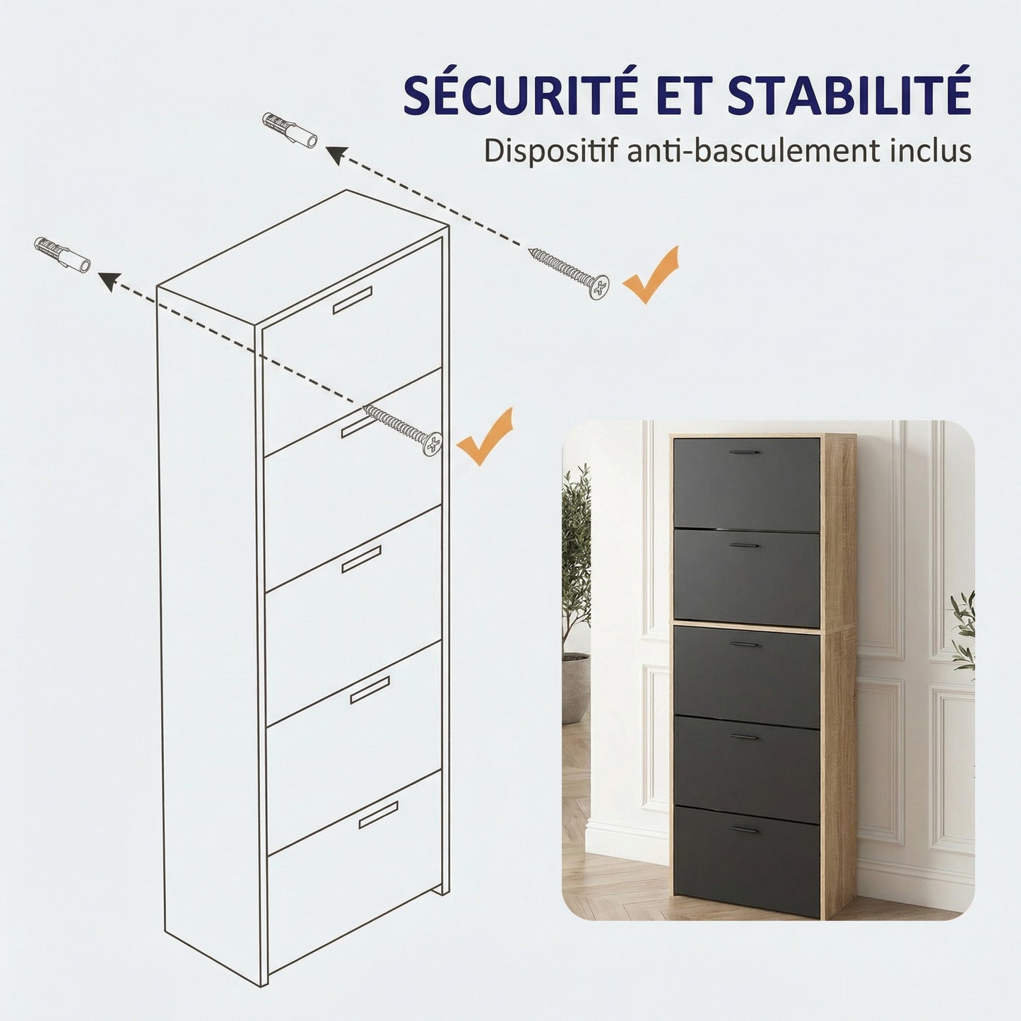 Meuble à chaussures fin avec 5 compartiments à rabat, armoire à chaussures en bois pour jusqu'à 15 paires, organisateur d'entrée peu encombrant