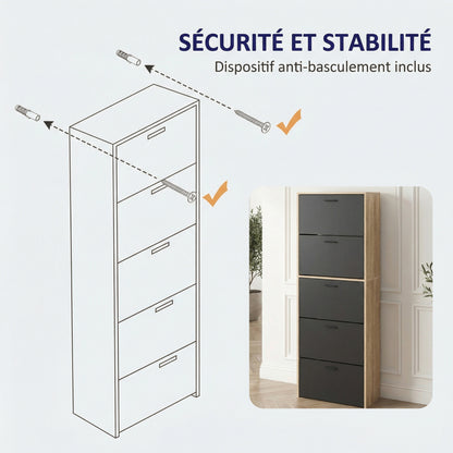 Meuble à chaussures fin avec 5 compartiments à rabat, armoire à chaussures en bois pour jusqu'à 15 paires, organisateur d'entrée peu encombrant