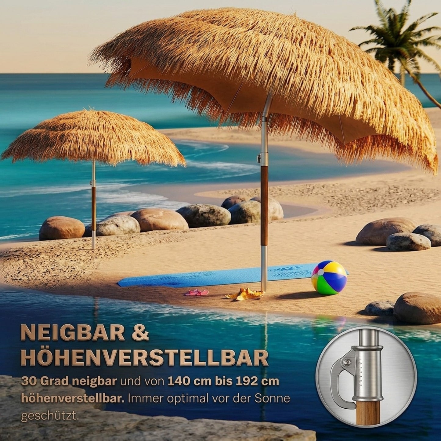 Parasol de plage Hawaï Ø160Cm Hauteur Réglable Protection UV 30+ Grand Rond Balcon Plage Parasol en Paille Parasol de Plage Parasol Hawaïen Marron