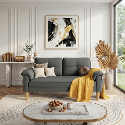 Petit canapé 2 places avec accoudoir et poche latérale, canapé 2 places avec dossier épais et éponge épaissie, pour le salon/chambre/chambre d'amis/home cinéma/bureau, 144 x 77 x 77 cm (gris foncé/gris clair)