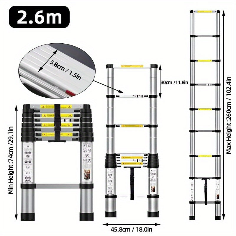 Échelle télescopique en acier inoxydable allant de 2,6 à 6,3 mètres - un design robuste, portable et pliable avec des pieds en caoutchouc antidérapants et un verrou de sécurité, idéal pour la peinture murale, l'accès polyvalent à la hauteur, les travaux d