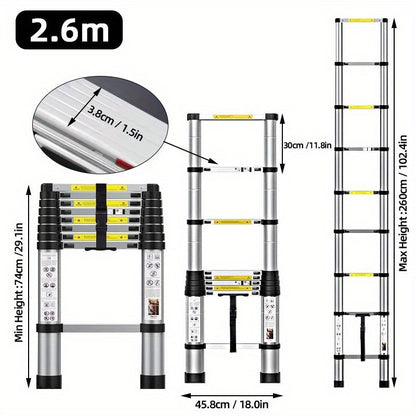 Échelle télescopique en acier inoxydable allant de 2,6 à 6,3 mètres - un design robuste, portable et pliable avec des pieds en caoutchouc antidérapants et un verrou de sécurité, idéal pour la peinture murale, l'accès polyvalent à la hauteur, les travaux d