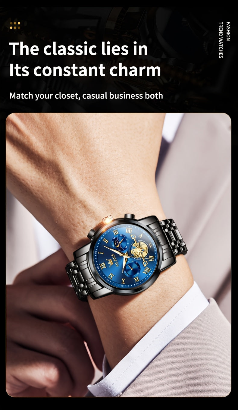 Montres pour Hommes OLEVS Montre à Quartz de Luxe avec Bracelet en Acier Inoxydable, Numéros Romains et Phases Lunaires Lumineuses, Classique Élégante, Cadeaux Romantiques de Noël, Relojes de Hombre Bleu/Noir/Blanche/Cadran Doré