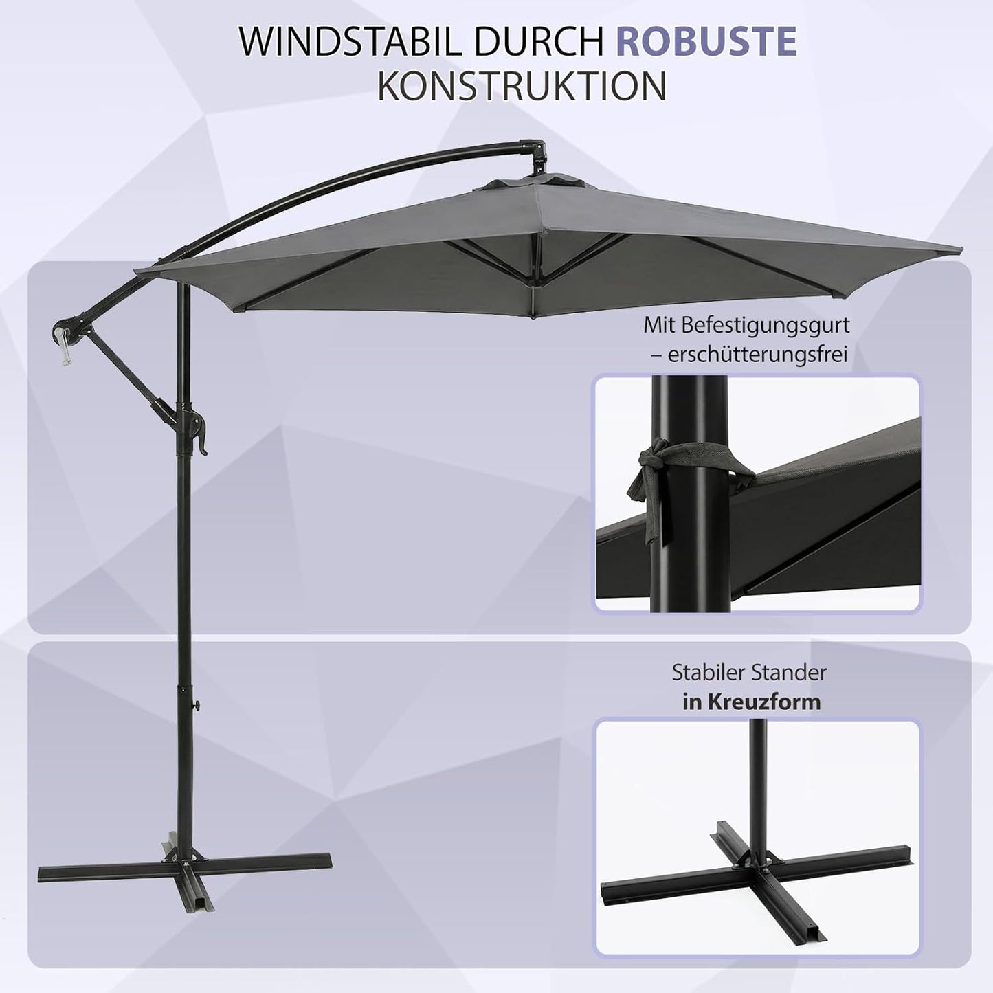 Parasol à baleinière Sekey 300 cm avec auvent inclinable, parasol avec mât en aluminium de 48 mm et 6 entretoises en acier, parasol de jardin et de terrasse rond et pliable, avec sangle supplémentaire -basculement