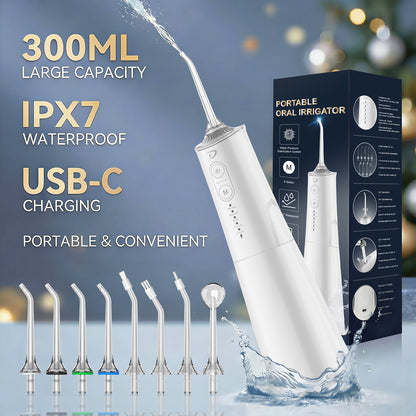 Irrigateur Buccal Portable Rechargeable, Hydropulseur Dentaire, Irrigateur Dentaire Professionnel sans Fil 8 Buses 5 Modes, IPX7 Étanche 300ML pour le Nettoyage des Dents, Maison & Voyage