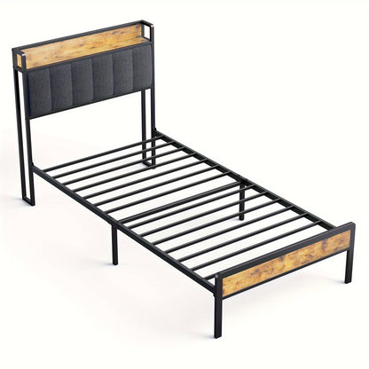 Lit double élégant et tendance en bois rembourré avec cadre en métal, support à lattes en bois et tête de lit ergonomique - Parfait pour n'importe quelle chambre (Gris foncé, Gris)