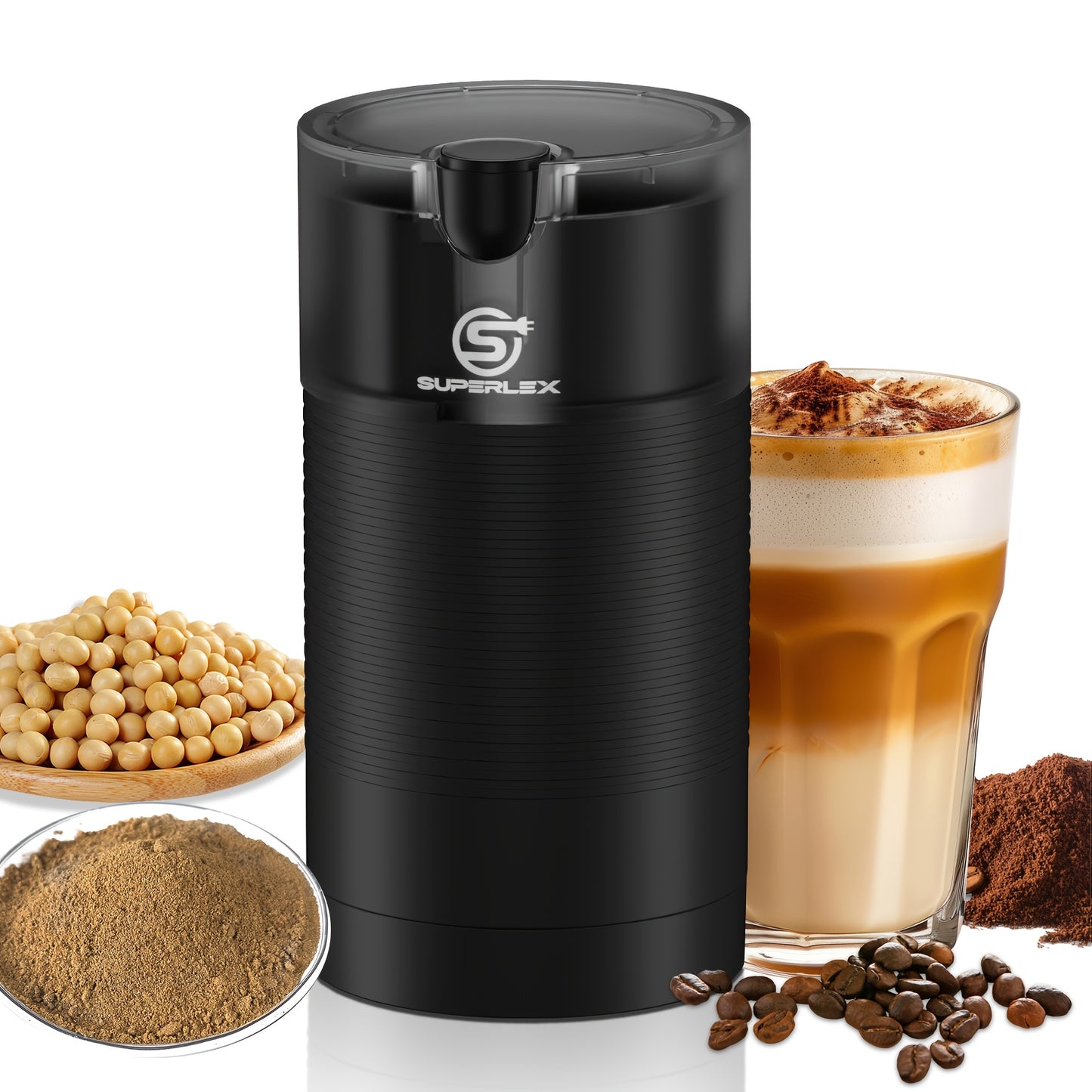 SUPERLEX Moulin à Café Puissant 150W, Conception Compacte Gain de Place, Mouture Uniforme Libère un Arôme de Café Riche, Verrouillage de Sécurité et Pièces Amovibles, Entretien Facile pour Coin Café Domestique
