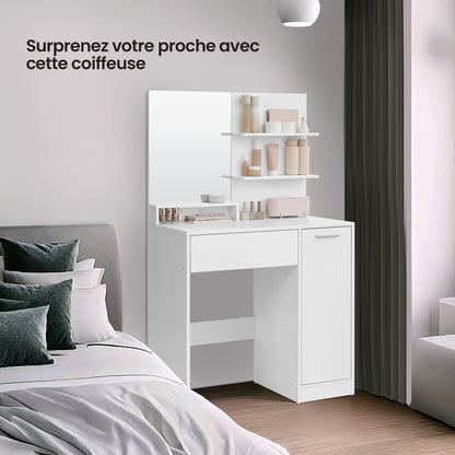 Coiffeuse avec Miroir, 1 tiroir, 2 étagères, SANS TABOURET, 80 x 40 x 132 cm, Placard de Rangement, Organisateur de Maquillage, Blanc