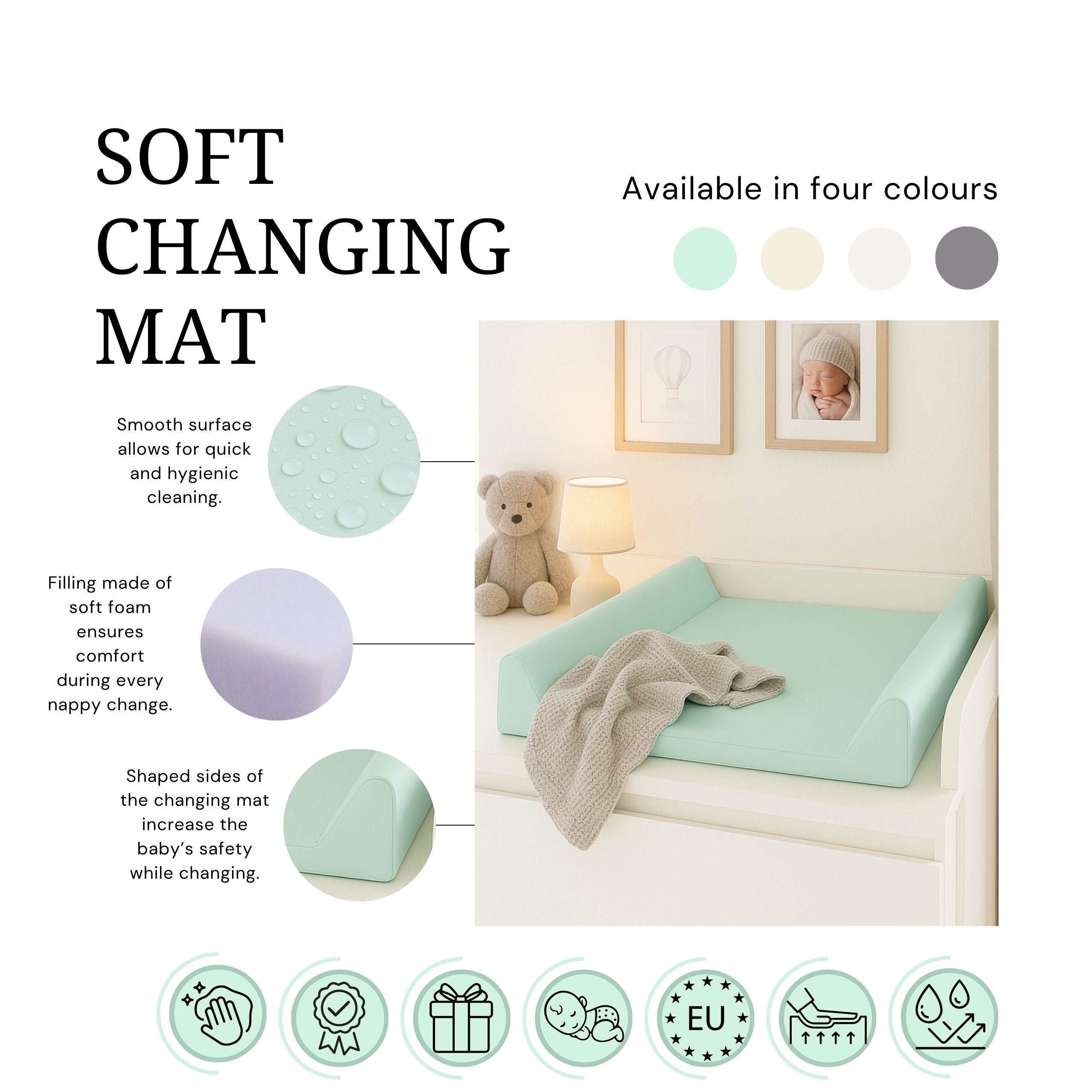 AMIKU, Matelas à langer doux pour bébés, Coussin à langer pour bébé, Mousse profilée pour changer les bébés, Coussin pour table ou commode, 50Cmx70Cm, Produit pour le soin des bébés, Sûr, Fabriqué en Europe, pour la maternelle, 100% imperméable, 100% anti